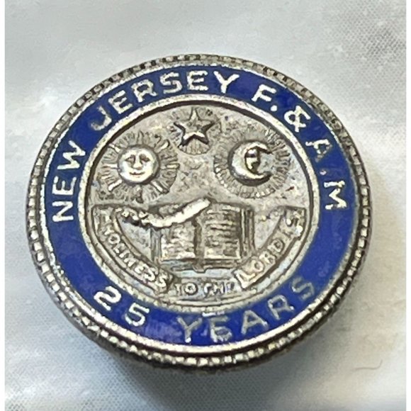 Vintage Enamel Masonic Pin Sterling Silver New Jersey F and A M 25 Years Screw - Picture 1 of 6
